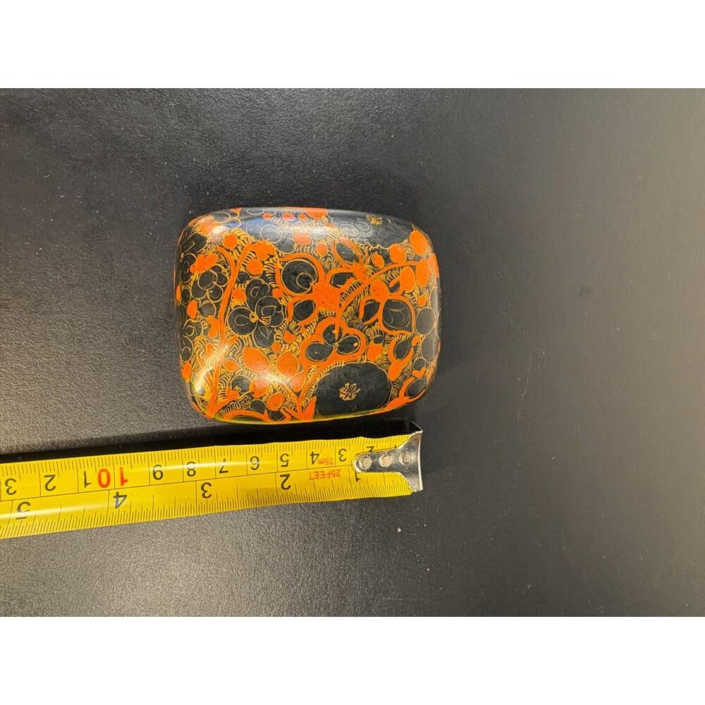 Kashmiri Papier Mache Box Orange Black Chinar Leaf Domed Lid Hand Painted